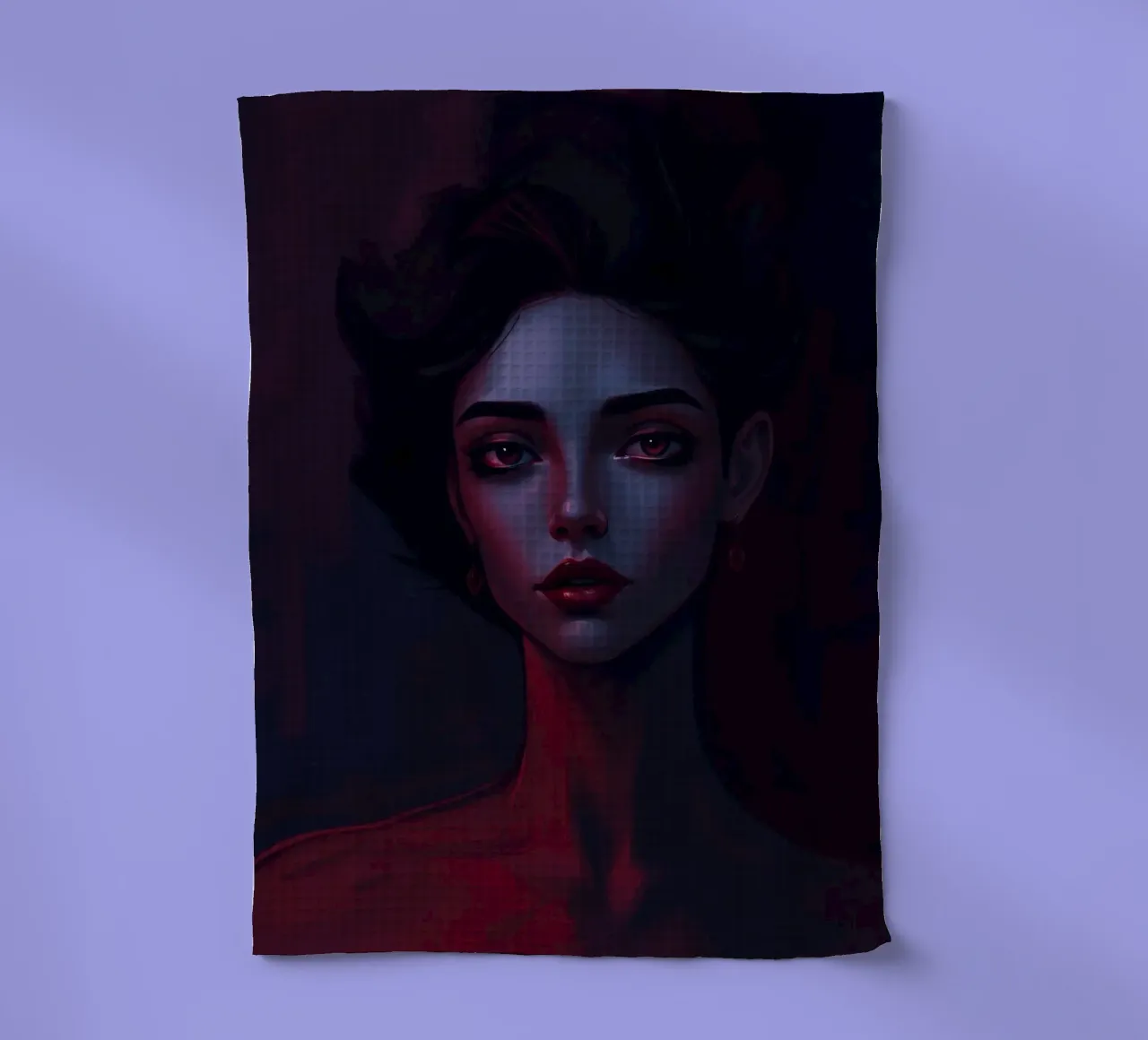 Portrait d'une femme aux traits expressifs, éclairage sombre torchon de DesignDoodle