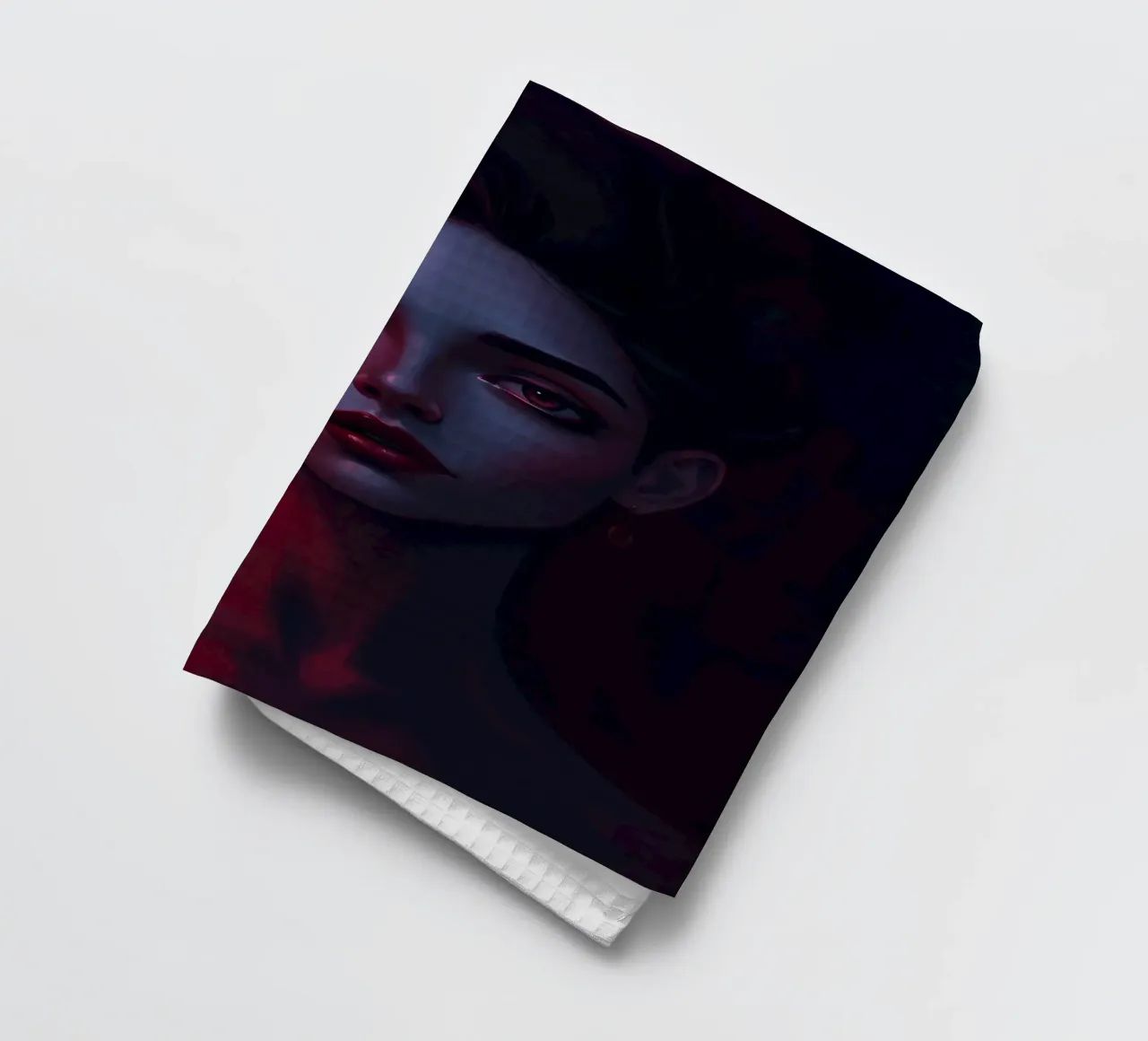 Portrait d'une femme aux traits expressifs, éclairage sombre torchon de DesignDoodle