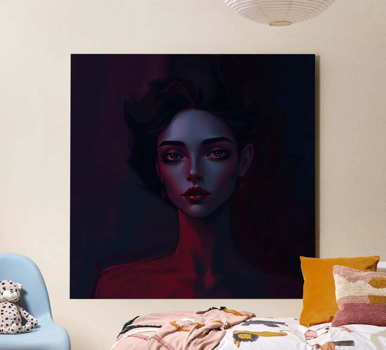 Ritratto di donna con tratti espressivi illuminazione scura alluminio dibond da DesignDoodle