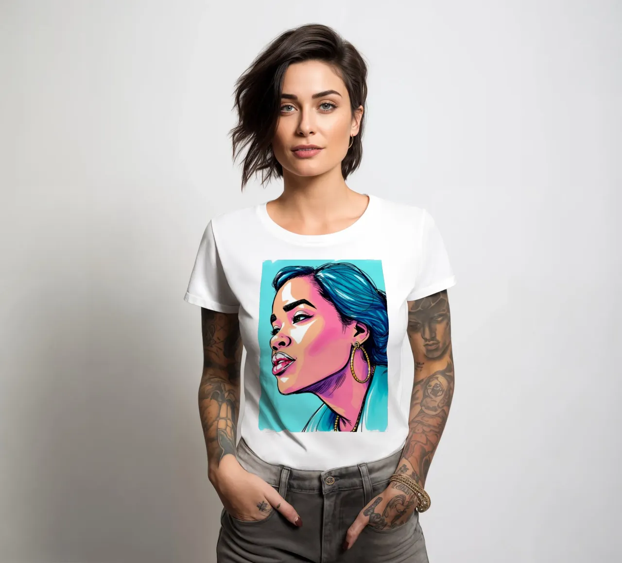 donna con i capelli blu in mostra luminosa espressione e stile t-shirt da donna da DesignDoodle