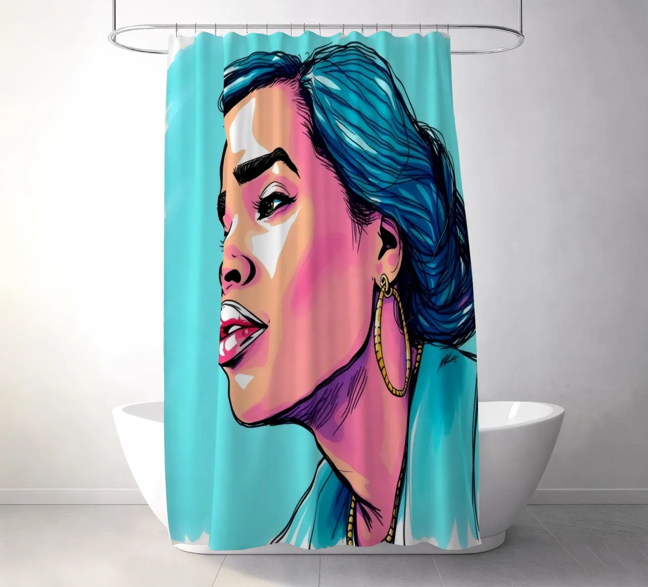 donna con i capelli blu in mostra luminosa espressione e stile tenda da doccia da DesignDoodle