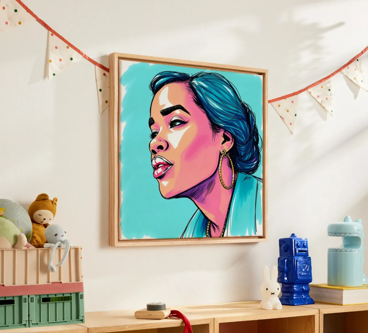 donna con i capelli blu in mostra luminosa espressione e stile tela da DesignDoodle