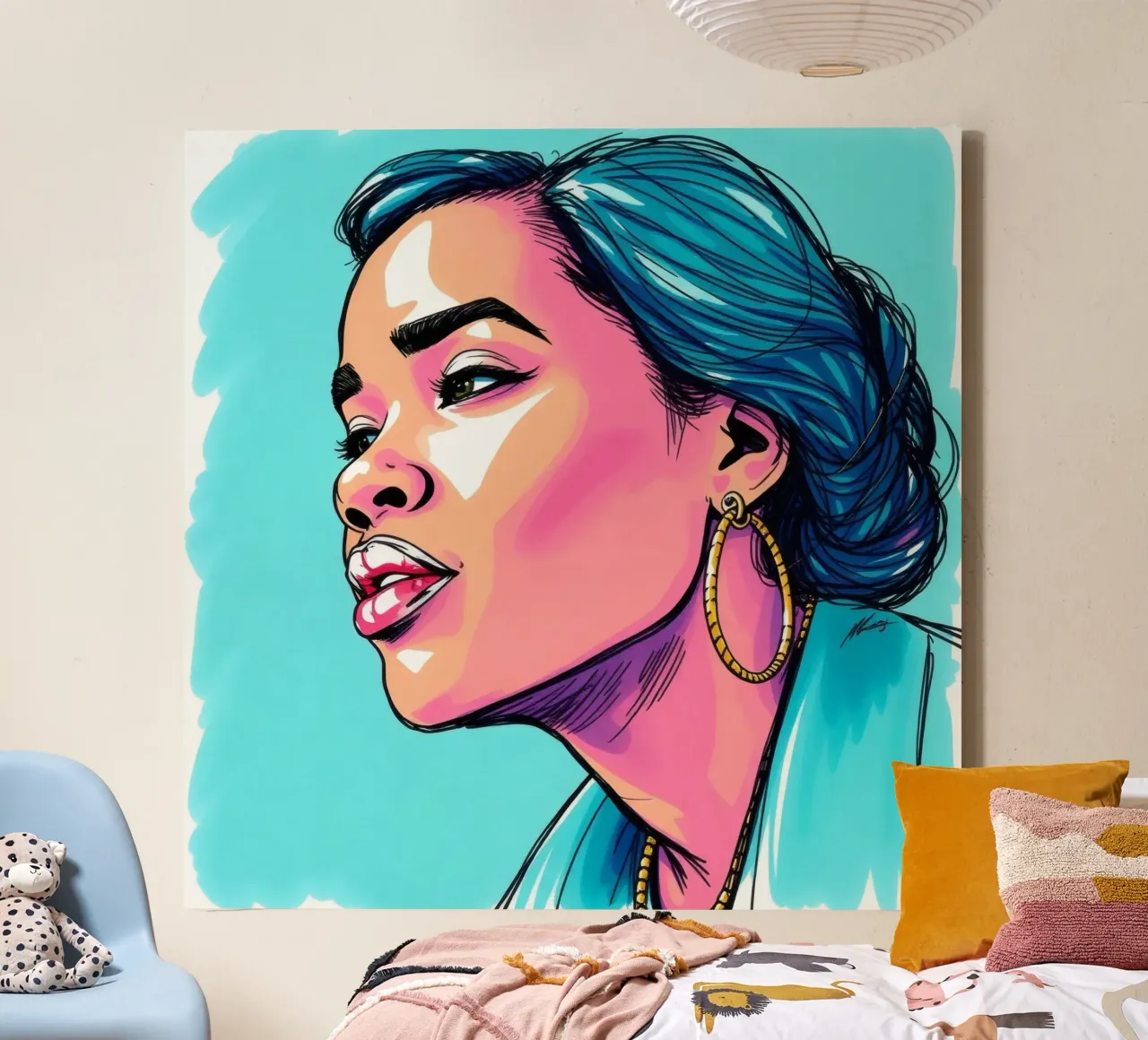donna con i capelli blu in mostra luminosa espressione e stile tela da DesignDoodle