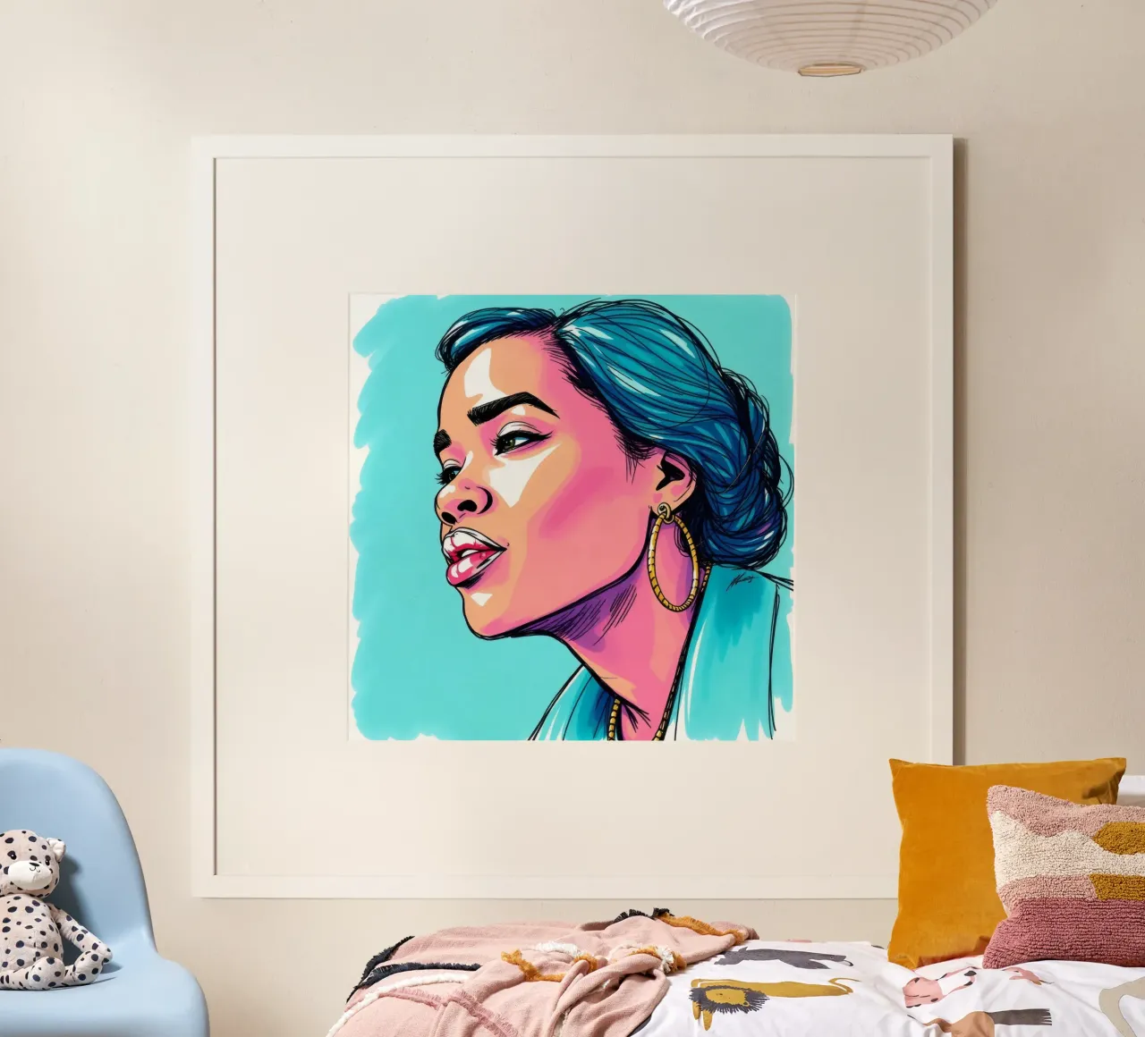 Frau mit blauem Haar in hellem, ausdrucksstarkem Stil Hahnemühle von DesignDoodle
