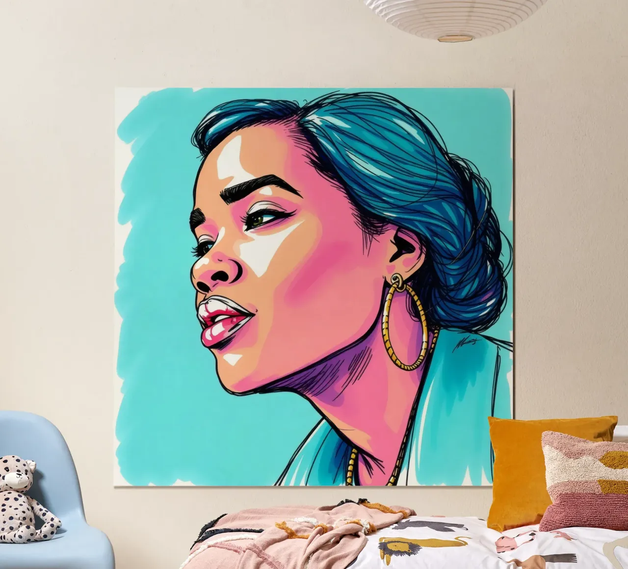 Frau mit blauem Haar in hellem, ausdrucksstarkem Stil Hahnemühle von DesignDoodle