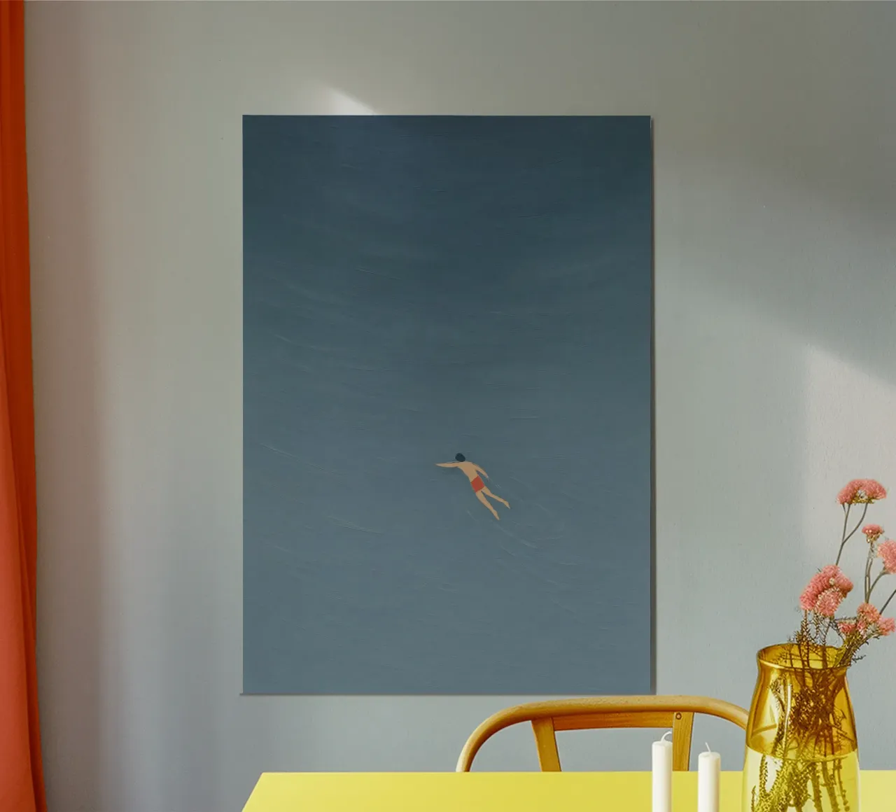 Blue Gray Miniature Swimming Man poster con telaio in plastica da Mosaic Dialogue