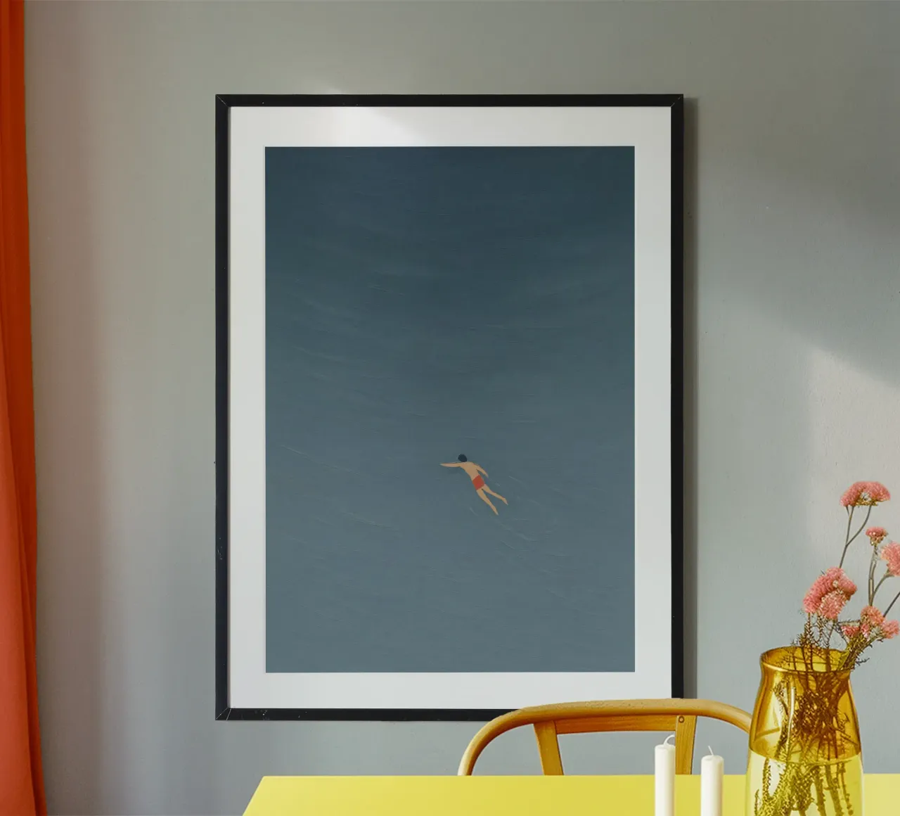 Blue Gray Miniature Swimming Man poster con telaio in plastica da Mosaic Dialogue
