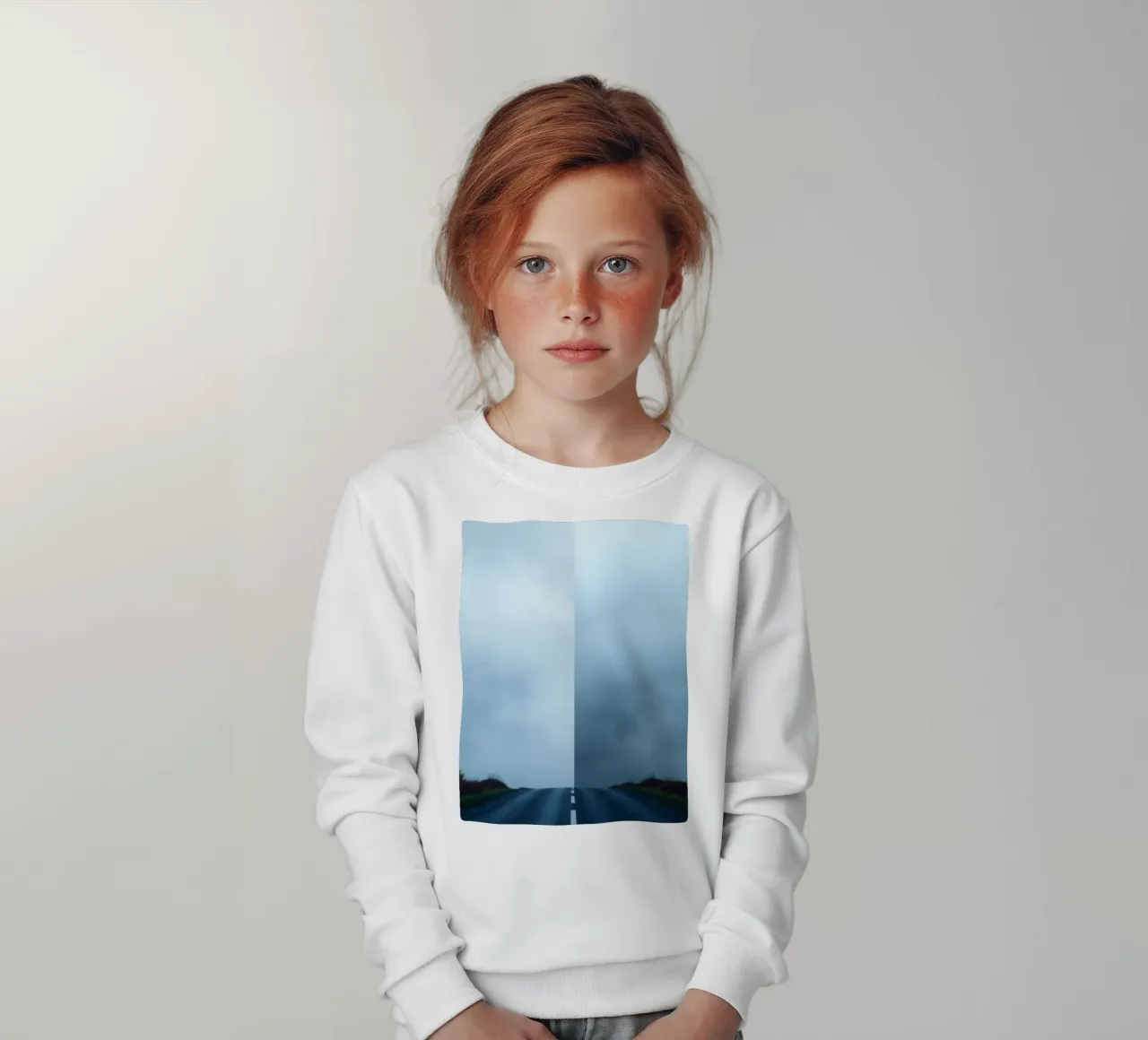 road leads into foggy distance with greenery on both sides kids sweatshirt by DesignDoodle