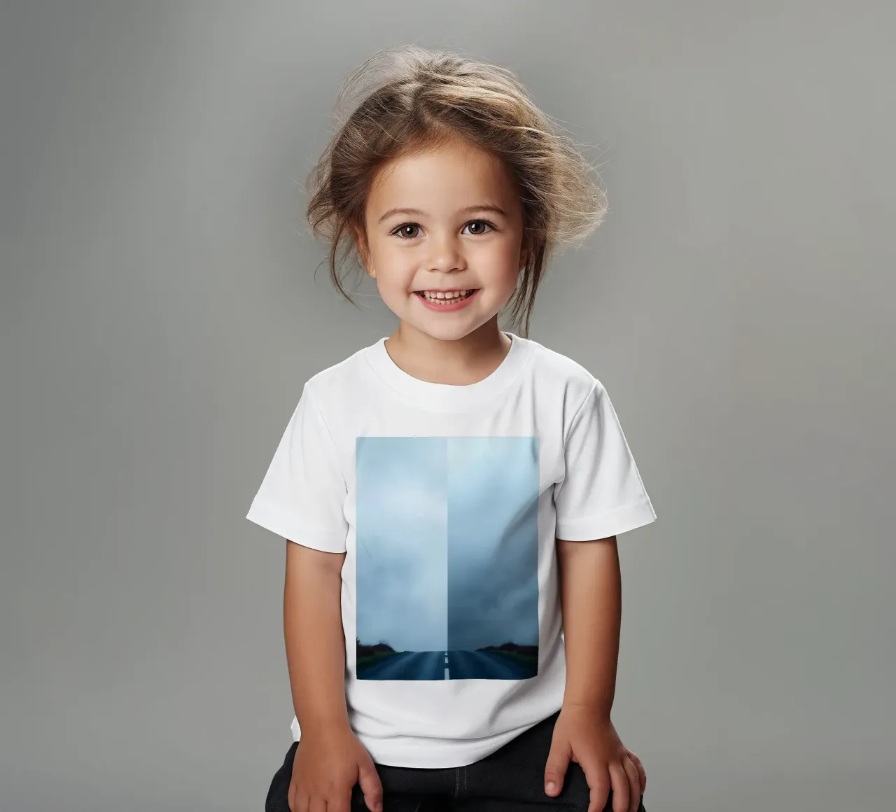 road leads into foggy distance with greenery on both sides kids t-shirt by DesignDoodle