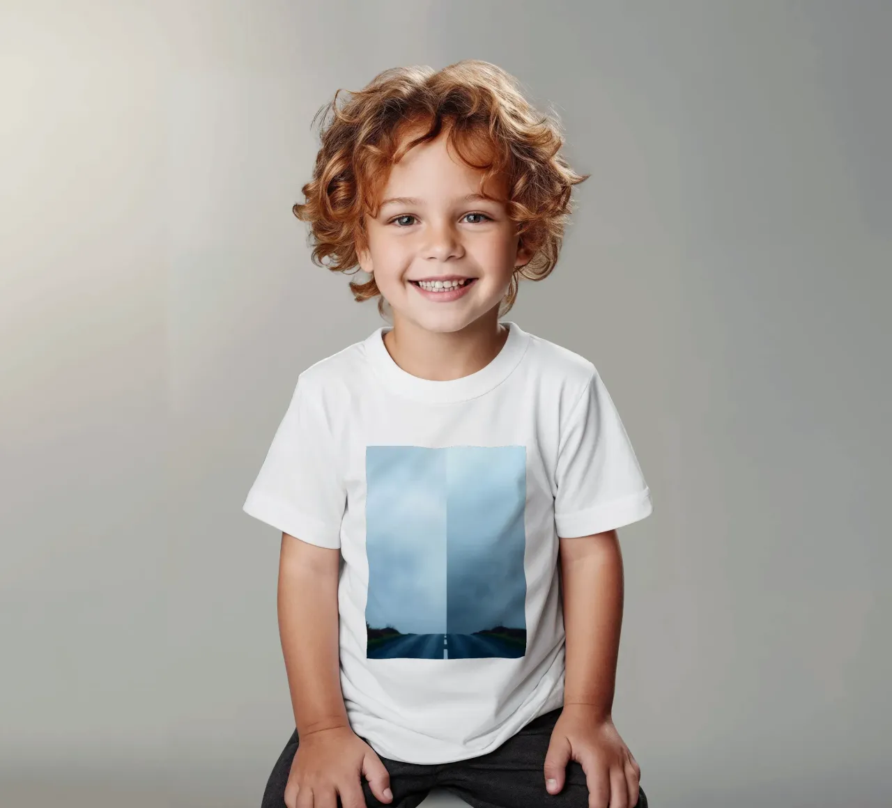 road leads into foggy distance with greenery on both sides kids t-shirt by DesignDoodle