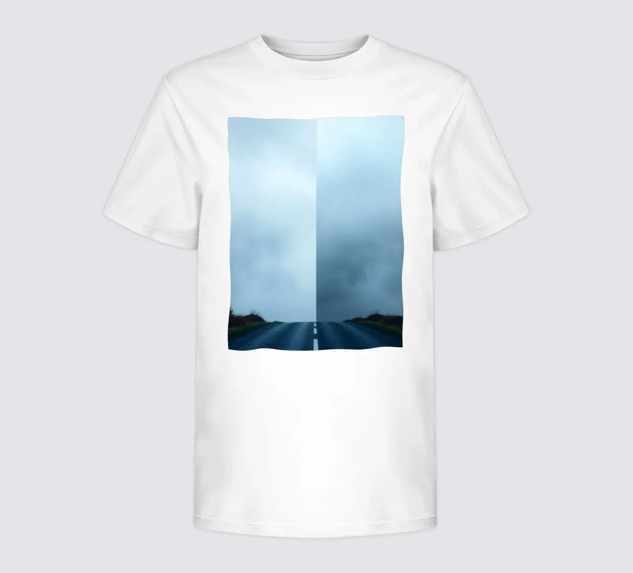 road leads into foggy distance with greenery on both sides kids t-shirt by DesignDoodle