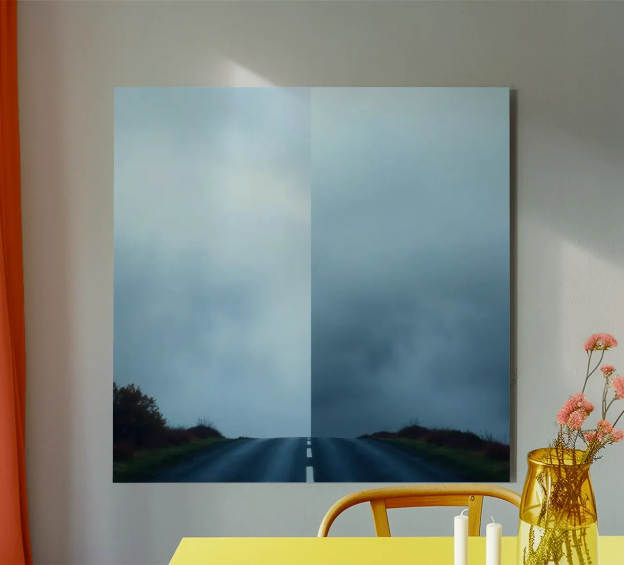 road leads into foggy distance with greenery on both sides alu-dibond by DesignDoodle