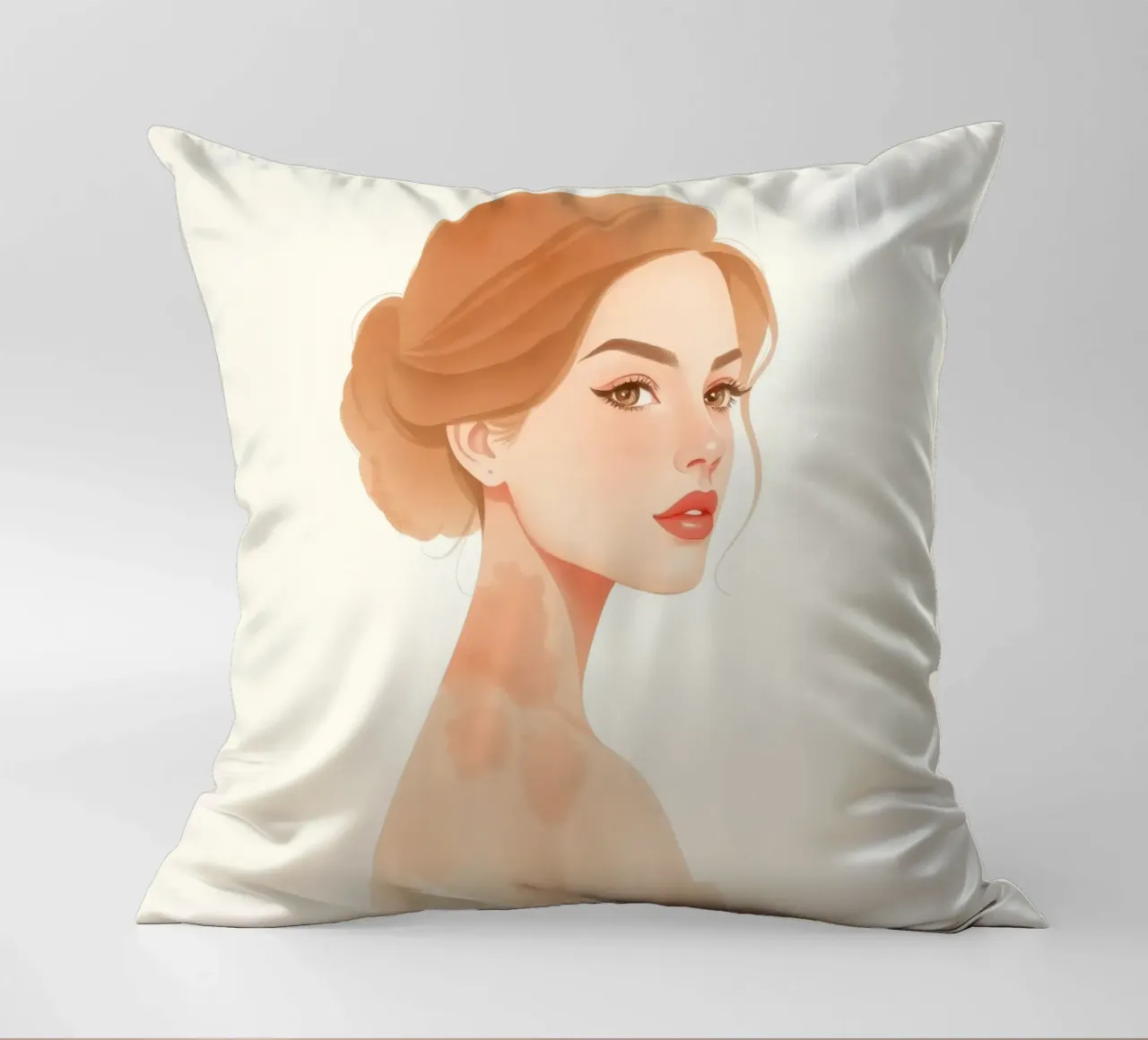 woman with soft features and light hair in a minimalist styl decorative cushion by DesignDoodle