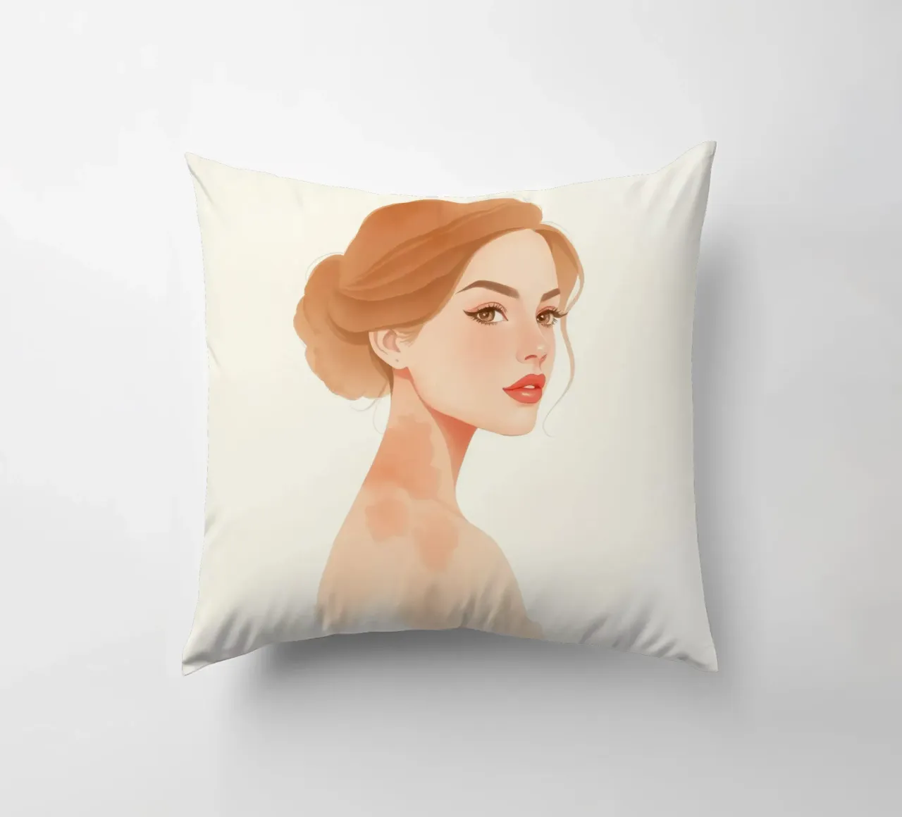 woman with soft features and light hair in a minimalist styl decorative cushion by DesignDoodle