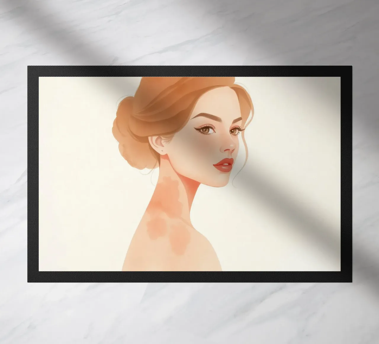 woman with soft features and light hair in a minimalist styl doormat by DesignDoodle