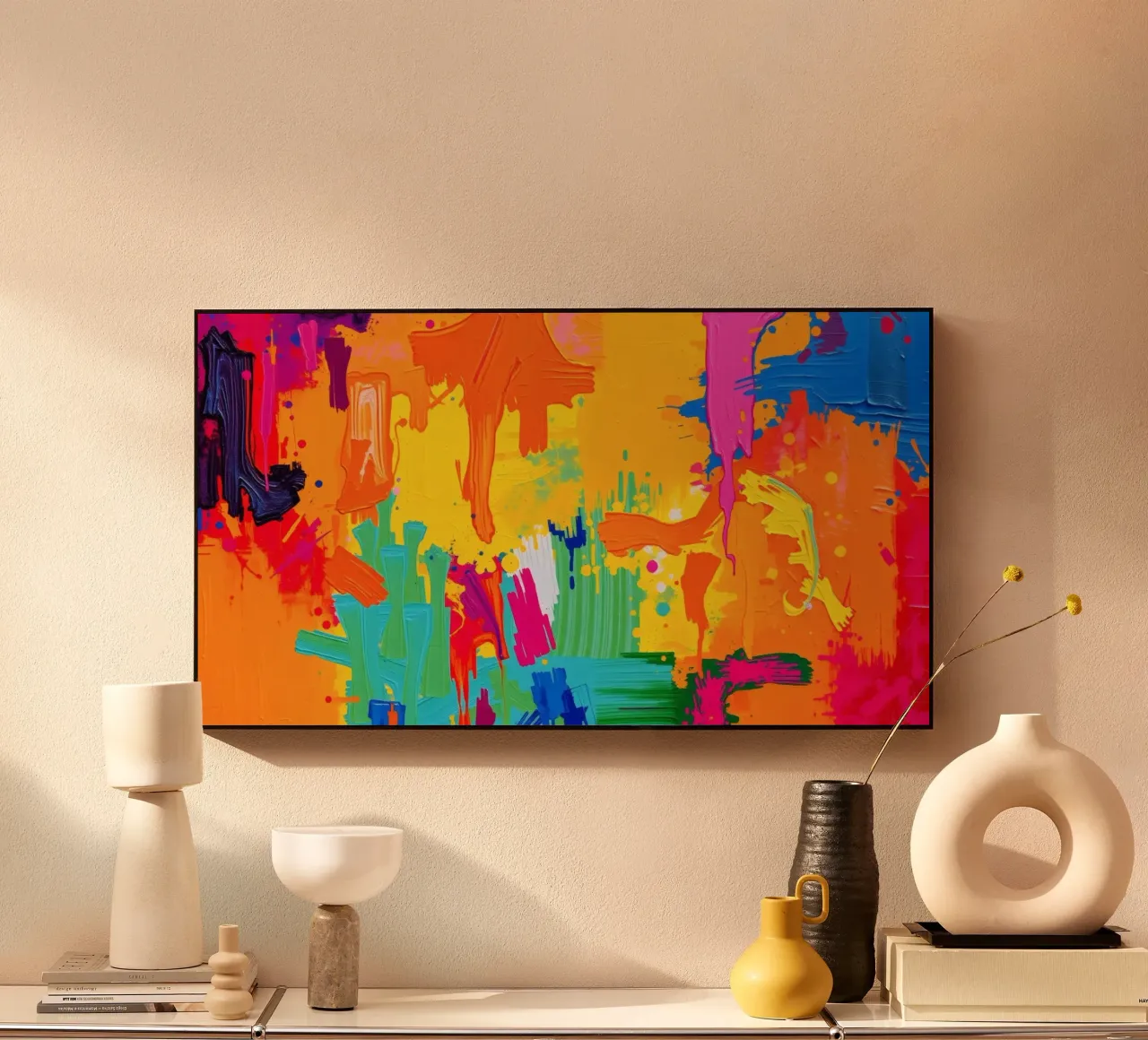 Un cuadro abstracto lleno de vida que muestra una explosión de colores mezclados metacrilato de DesignDoodle