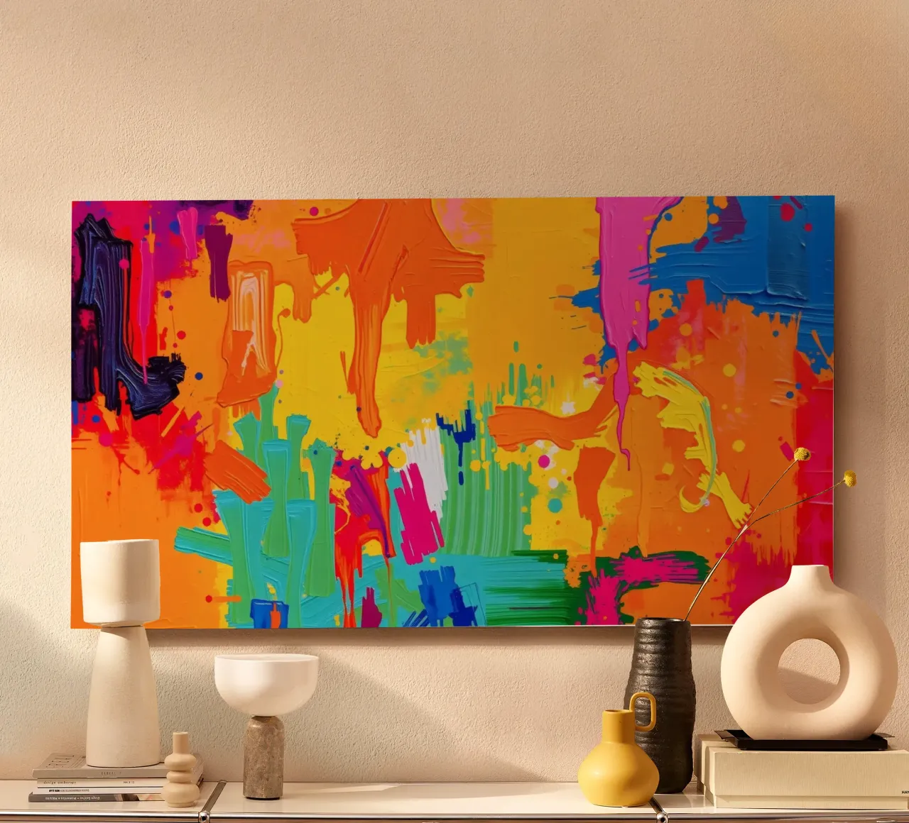 Lebendiges abstraktes Gemälde, das einen Ausbruch von Farben zeigt, die sich Alu-Dibond von DesignDoodle