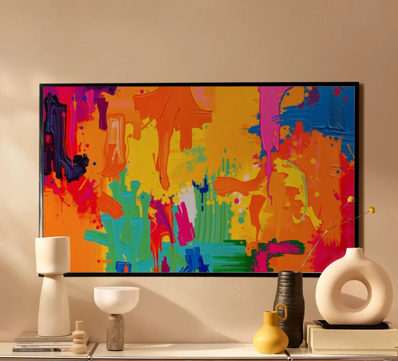 Un cuadro abstracto lleno de vida que muestra una explosión de colores mezclados hahnemühle de DesignDoodle