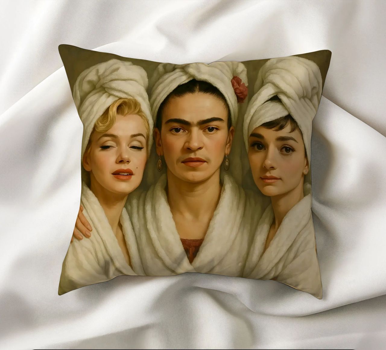 Marilyn Monroe Frida Kahlo Audrey Hepburn in accappatoio cuscino da ARTOMATIC