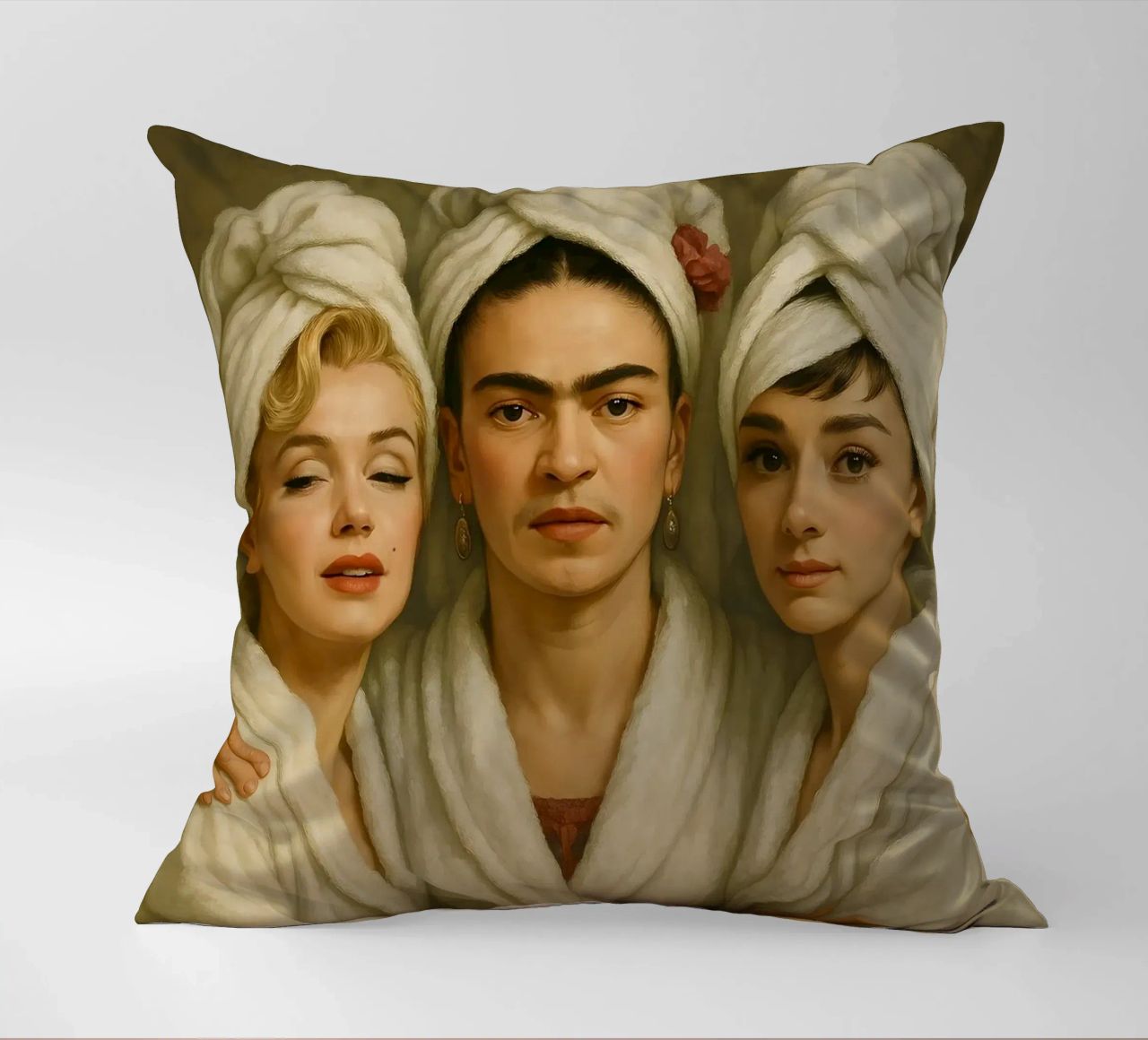 Marilyn Monroe Frida Kahlo Audrey Hepburn in accappatoio cuscino da ARTOMATIC