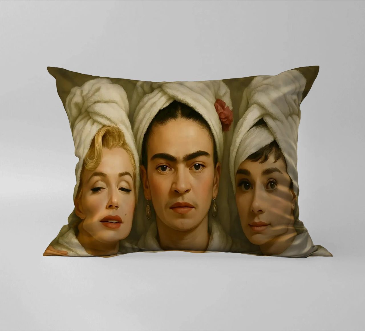 Marilyn Monroe Frida Kahlo Audrey Hepburn in accappatoio cuscino da ARTOMATIC
