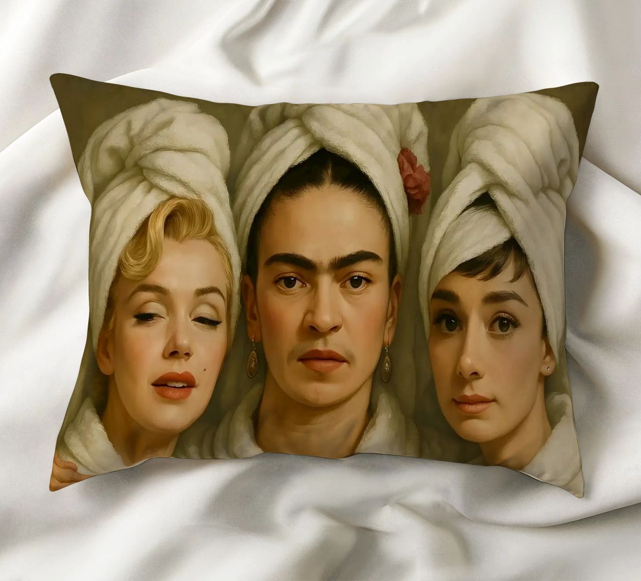 Marilyn Monroe Frida Kahlo Audrey Hepburn in accappatoio cuscino da ARTOMATIC