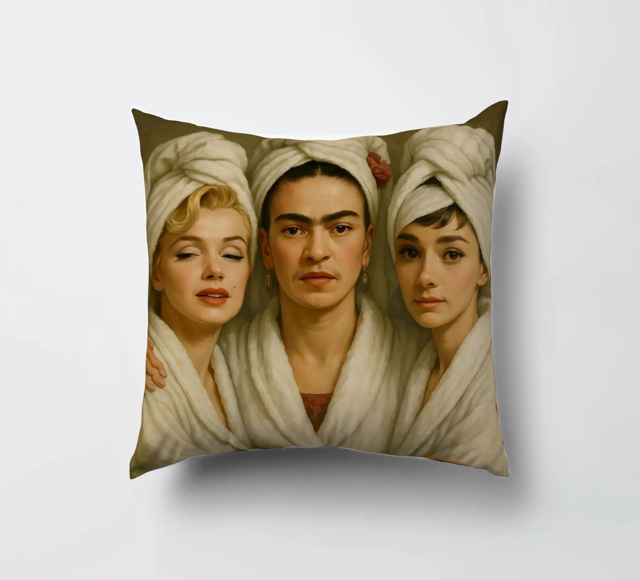 Marilyn Monroe Frida Kahlo Audrey Hepburn in accappatoio cuscino da ARTOMATIC