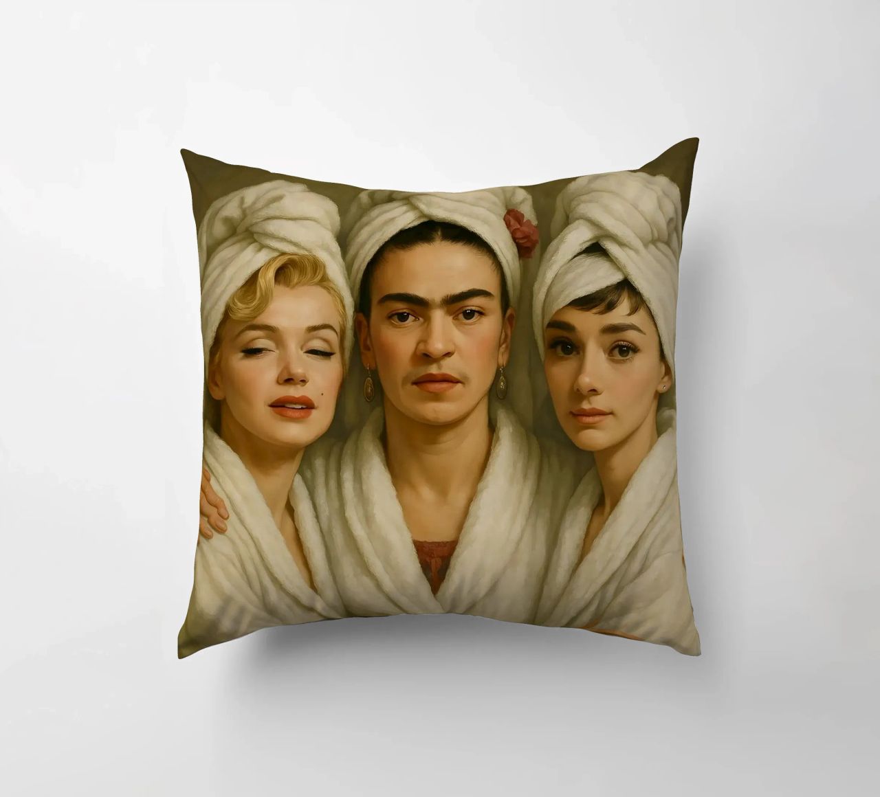 Marilyn Monroe Frida Kahlo Audrey Hepburn in accappatoio cuscino da ARTOMATIC