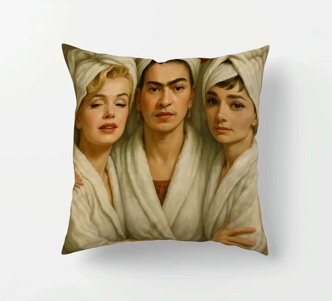 Marilyn Monroe Frida Kahlo Audrey Hepburn in accappatoio cuscino da ARTOMATIC
