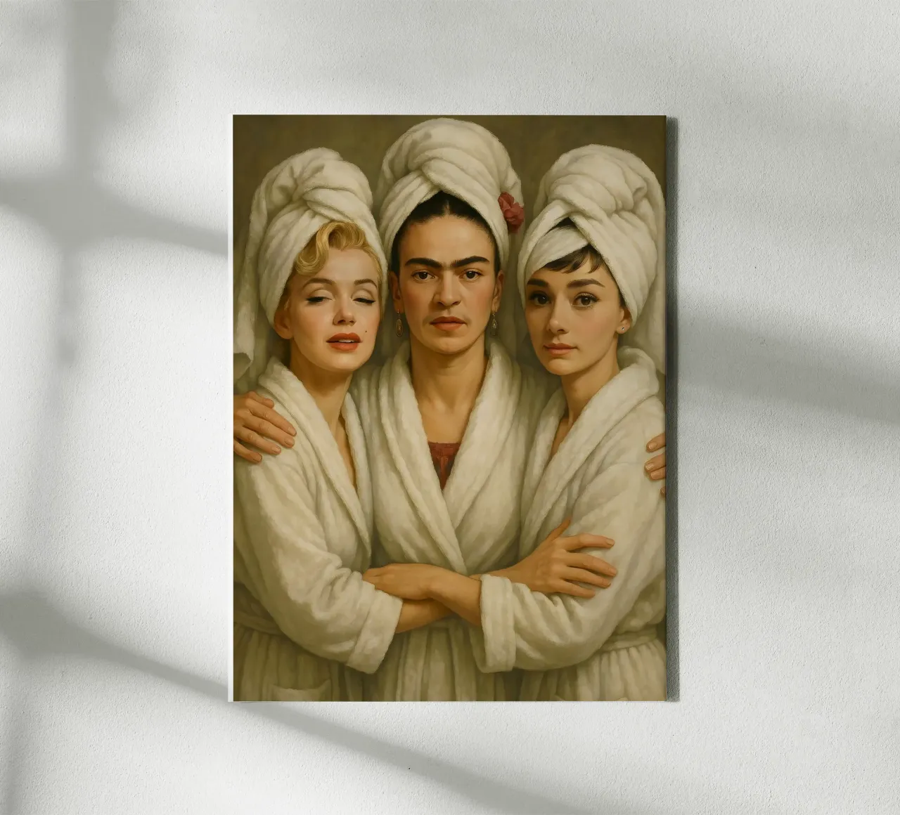 Marilyn Monroe Frida Kahlo Audrey Hepburn in accappatoio tela con Cornice a cassetta da ARTOMATIC