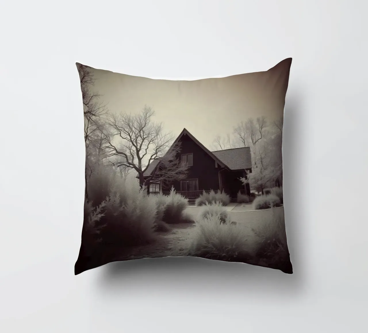 Incantevole casa in legno circondata dal fogliame in una zona tranquilla cuscino da DesignDoodle