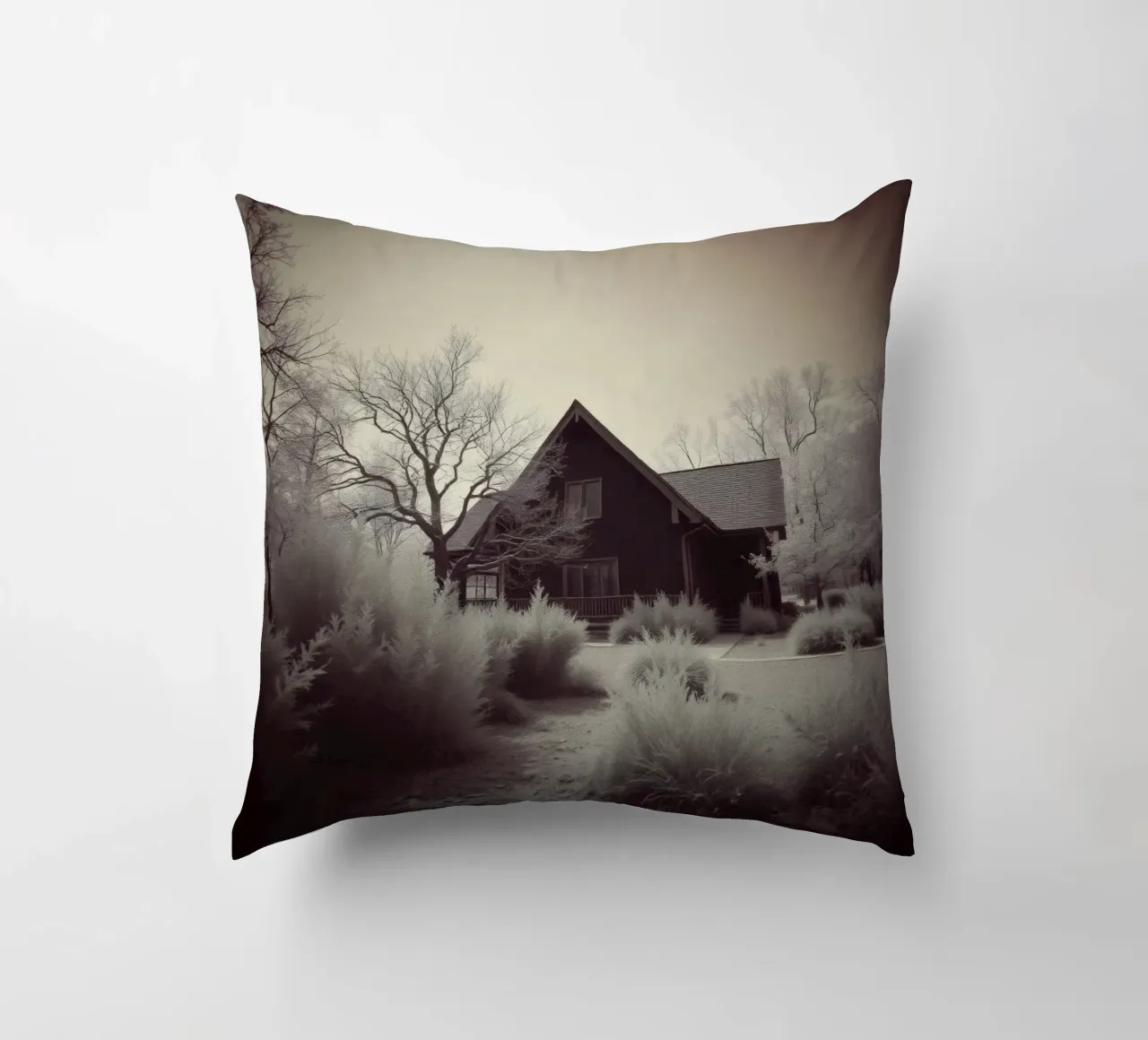 Incantevole casa in legno circondata dal fogliame in una zona tranquilla cuscino da DesignDoodle