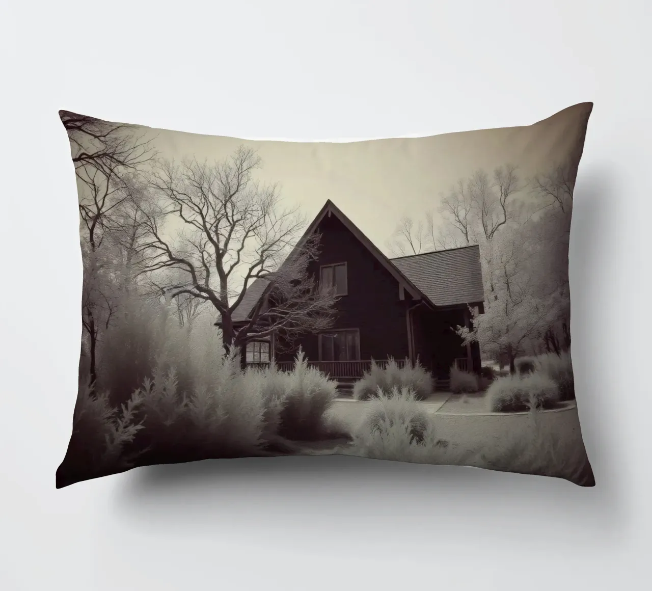 Incantevole casa in legno circondata dal fogliame in una zona tranquilla cuscino da DesignDoodle