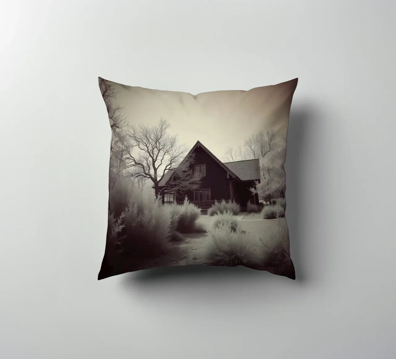 Incantevole casa in legno circondata dal fogliame in una zona tranquilla cuscino da DesignDoodle