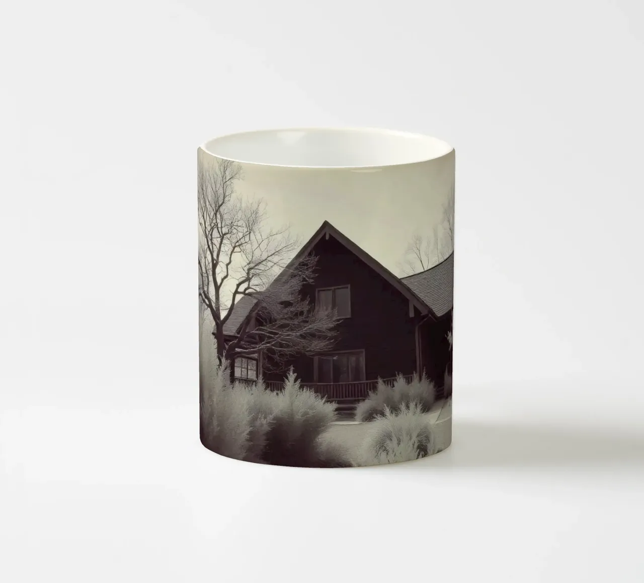 Incantevole casa in legno circondata dal fogliame in una zona tranquilla tazza in ceramica da DesignDoodle