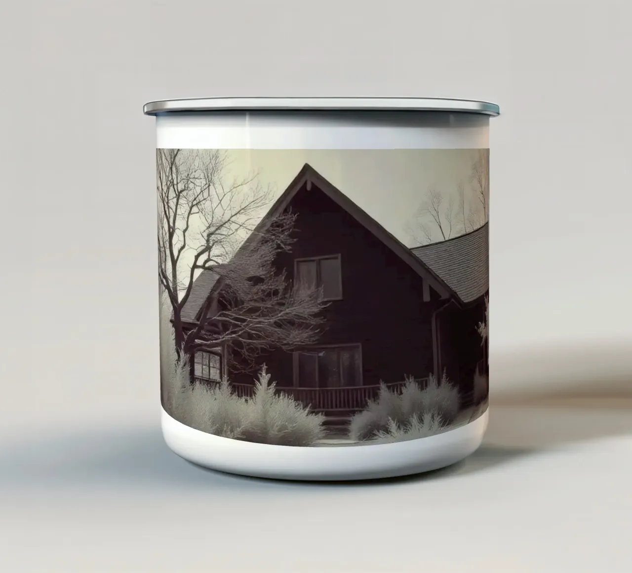 Incantevole casa in legno circondata dal fogliame in una zona tranquilla tazza in smalto da DesignDoodle