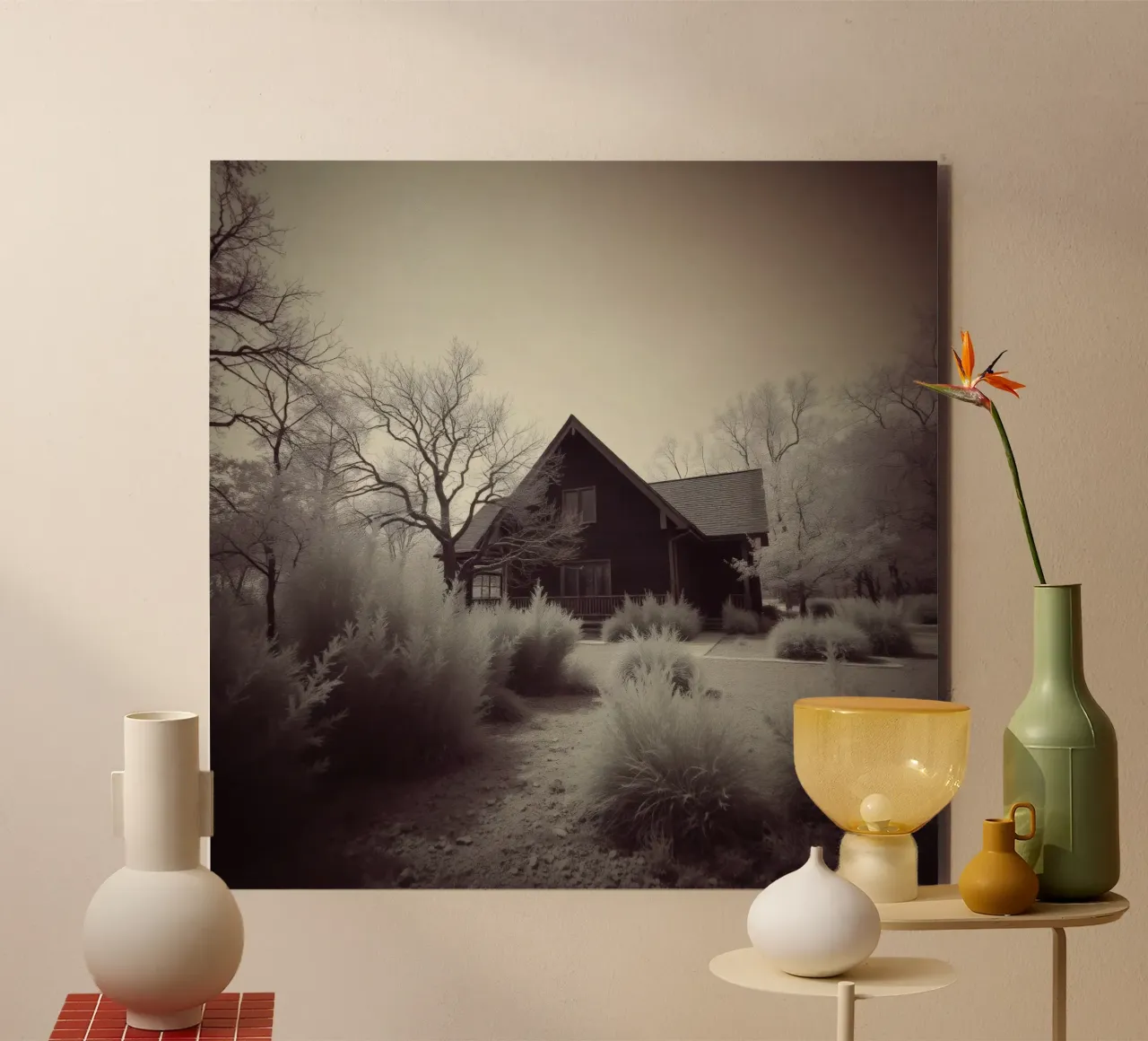 Incantevole casa in legno circondata dal fogliame in una zona tranquilla alluminio dibond da DesignDoodle