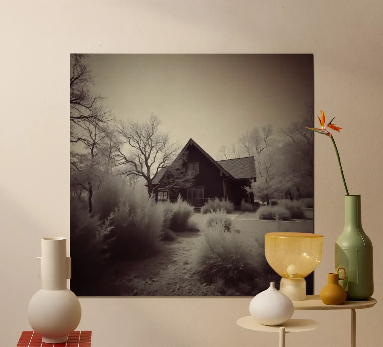 Incantevole casa in legno circondata dal fogliame in una zona tranquilla carta hahnemühle da DesignDoodle