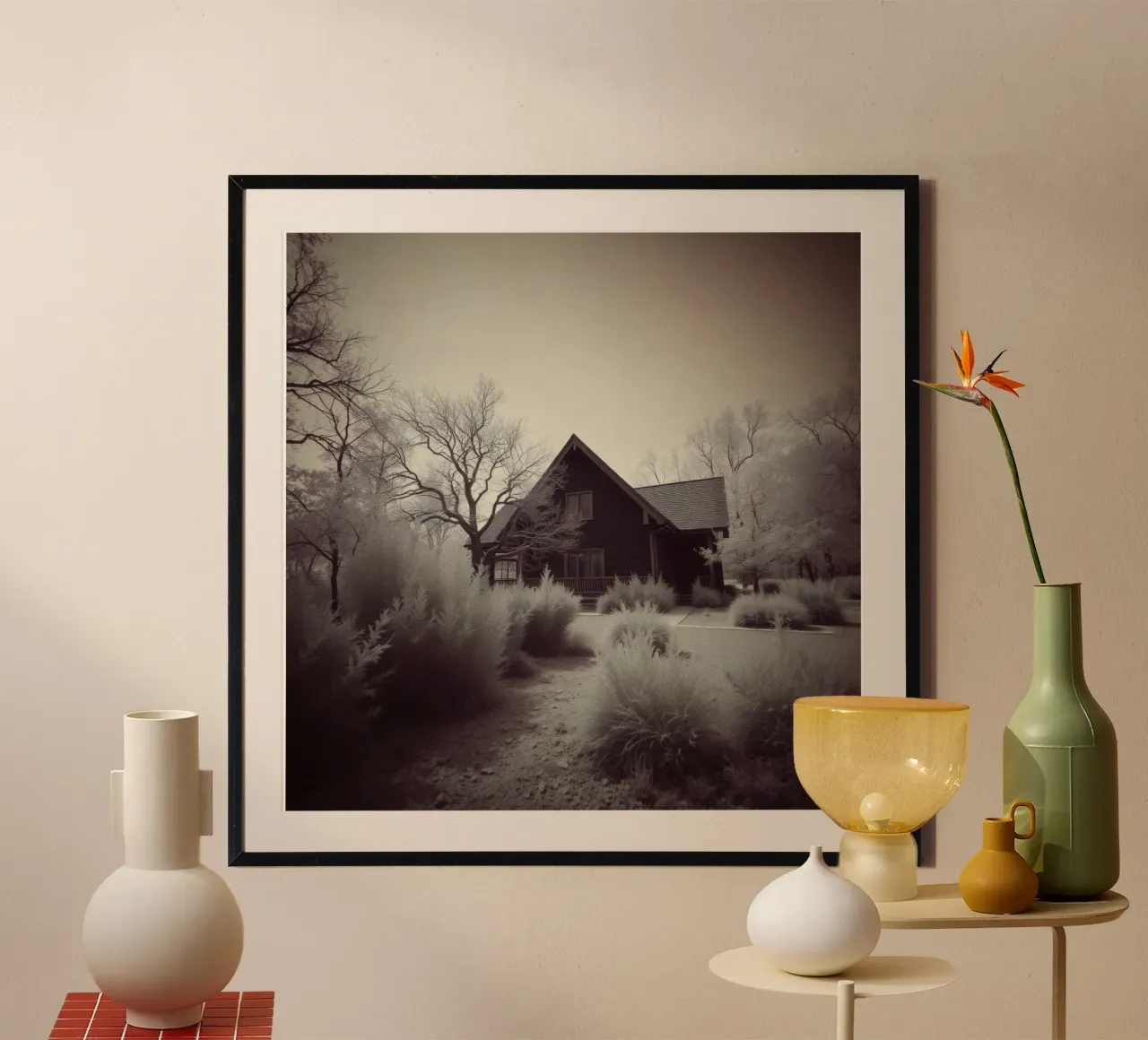 Incantevole casa in legno circondata dal fogliame in una zona tranquilla carta hahnemühle da DesignDoodle