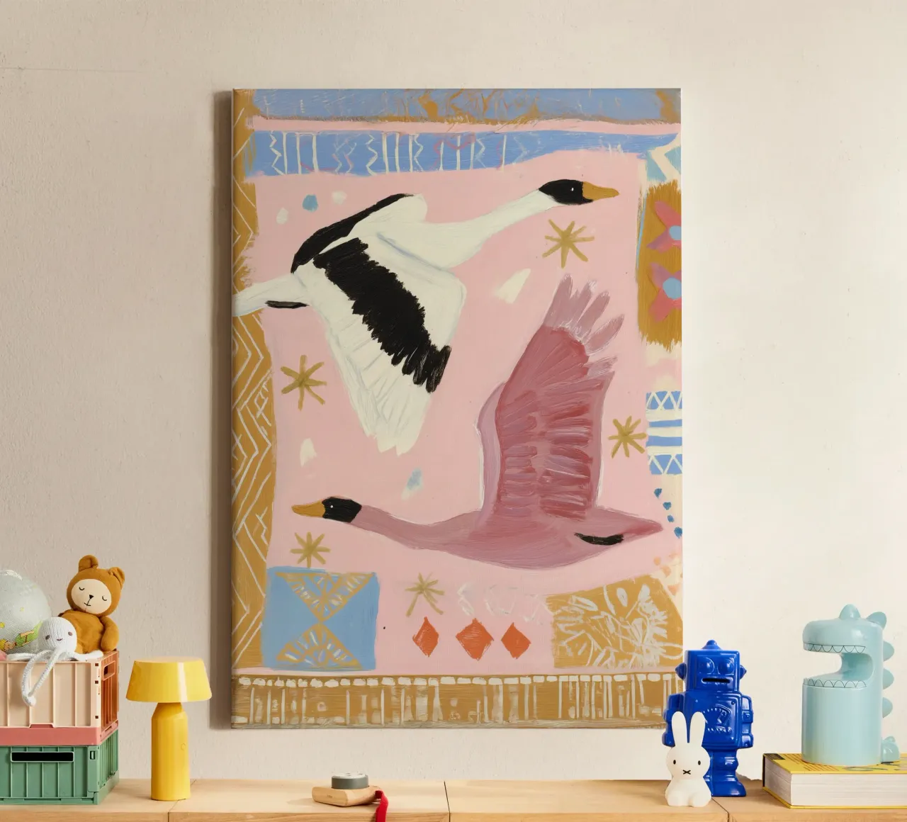 Boho Wall art, Bird Print, Abstract Modern Art canvas with Floater frame by Boheme