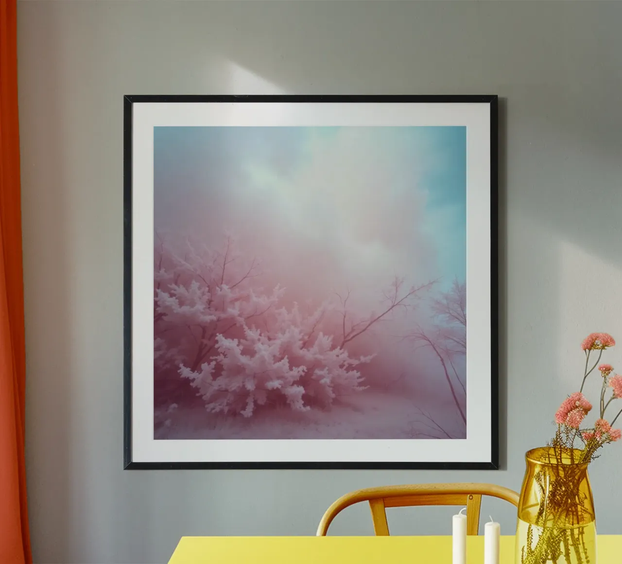 il paesaggio con il fogliame rosa e la nebbia all'alba crea un sogno poster con telaio in legno da DesignDoodle