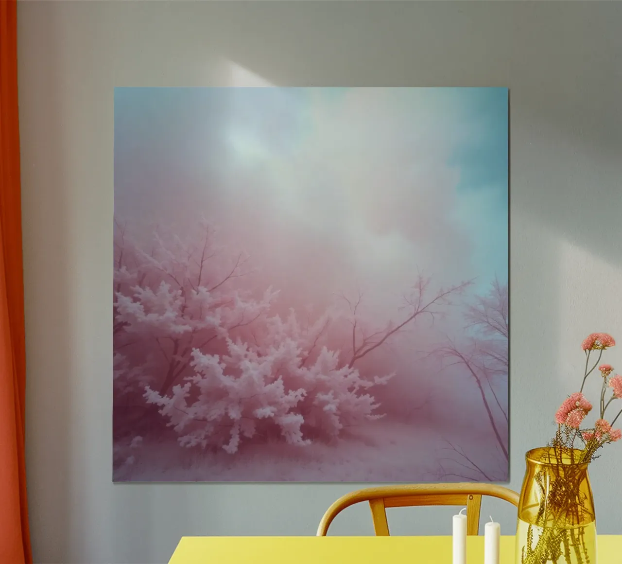 il paesaggio con il fogliame rosa e la nebbia all'alba crea un sogno poster con telaio in legno da DesignDoodle