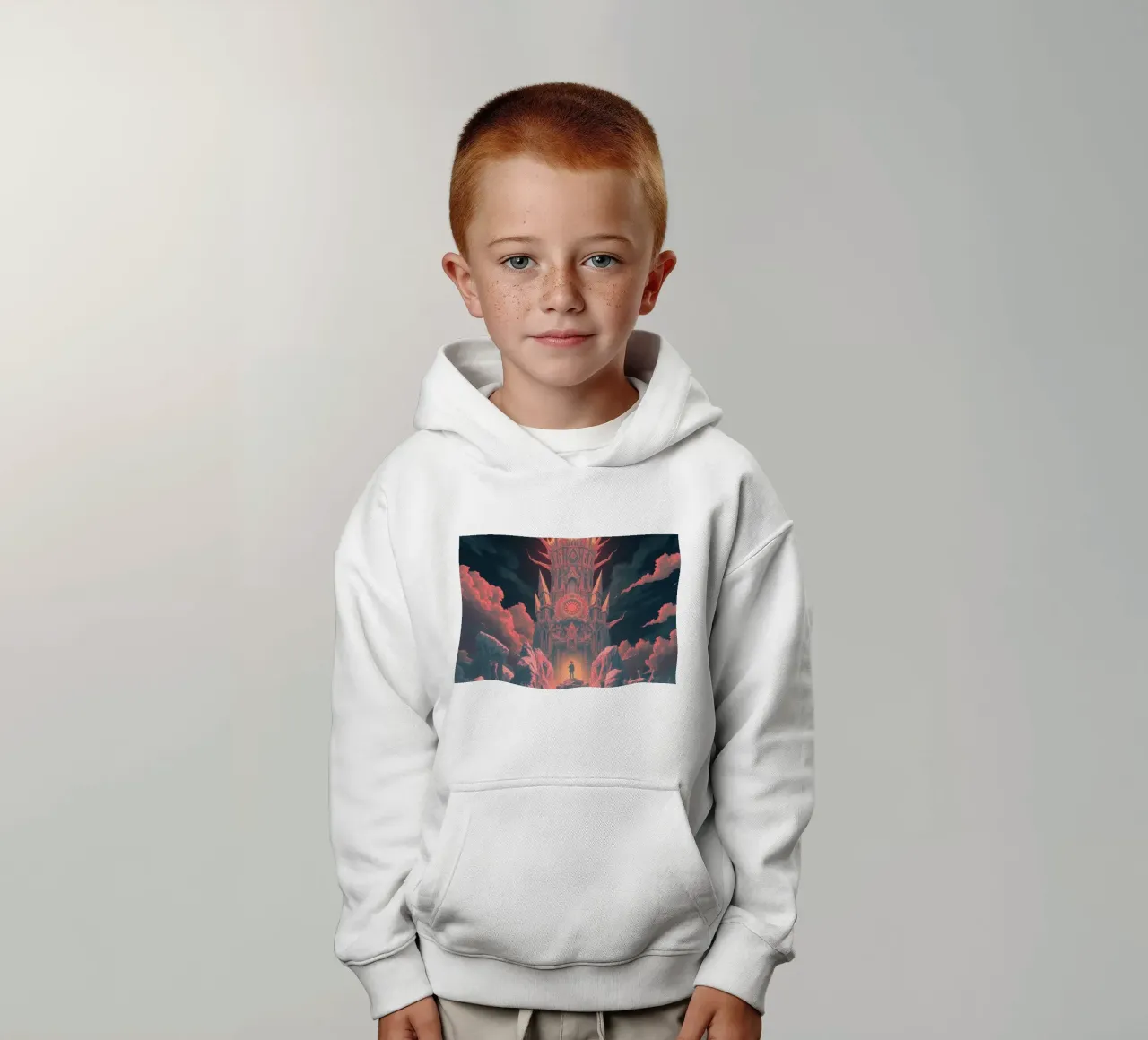 Stunning tower surrounded by fiery skies and jagged rocks kids hoodie by DesignDoodle