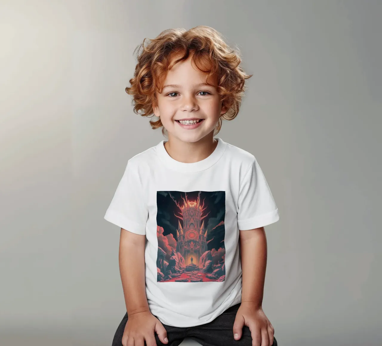 Atemberaubender Turm umgeben von feurigem Himmel und zerklüfteten Felsen Kinder T-Shirt von DesignDoodle