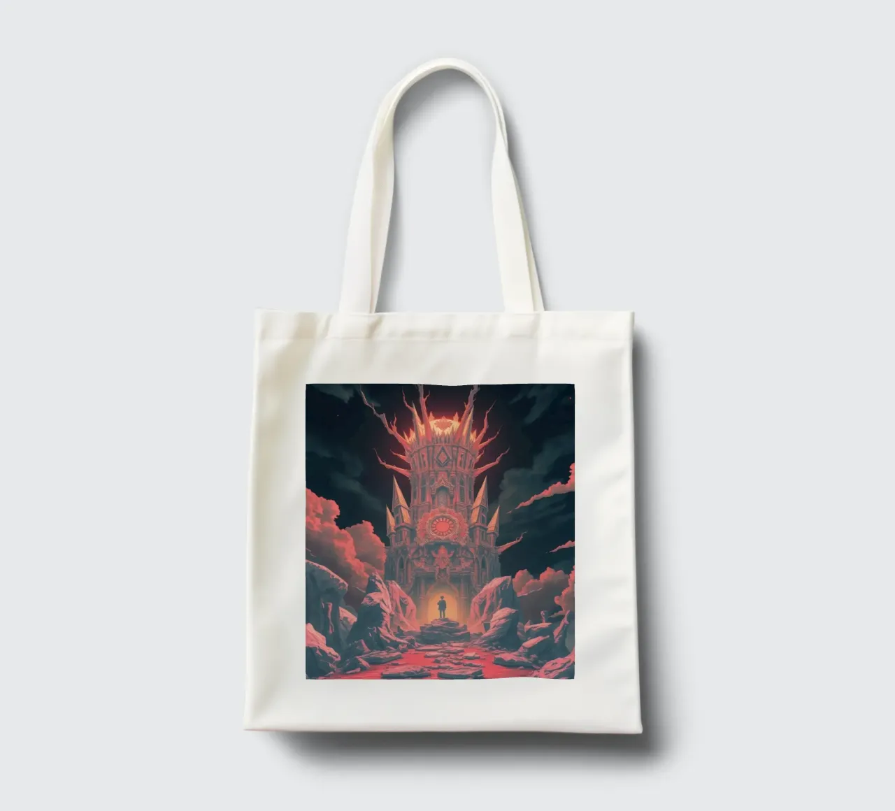 Stunning tower surrounded by fiery skies and jagged rocks tote bag by DesignDoodle