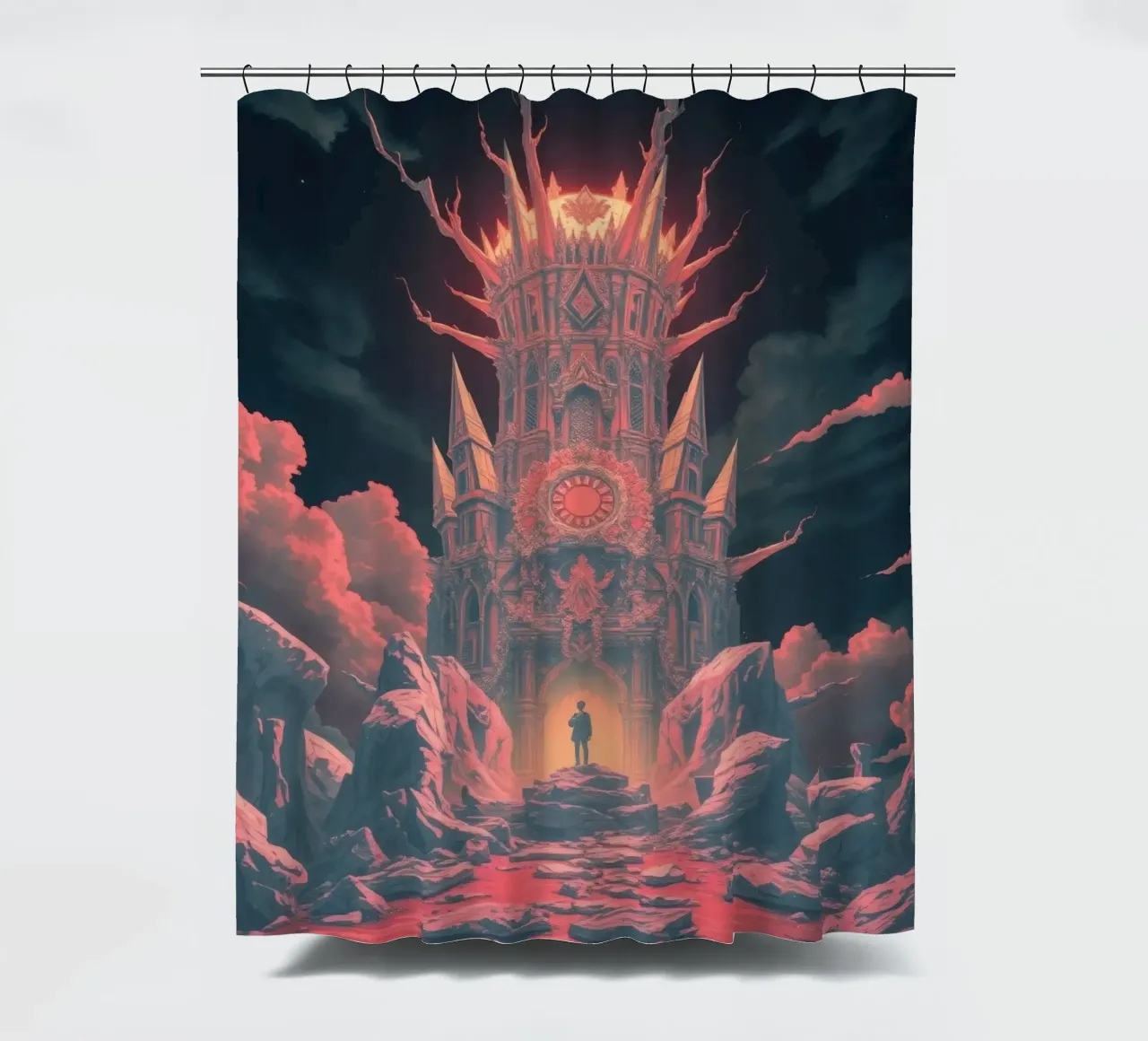Stunning tower surrounded by fiery skies and jagged rocks shower curtain by DesignDoodle