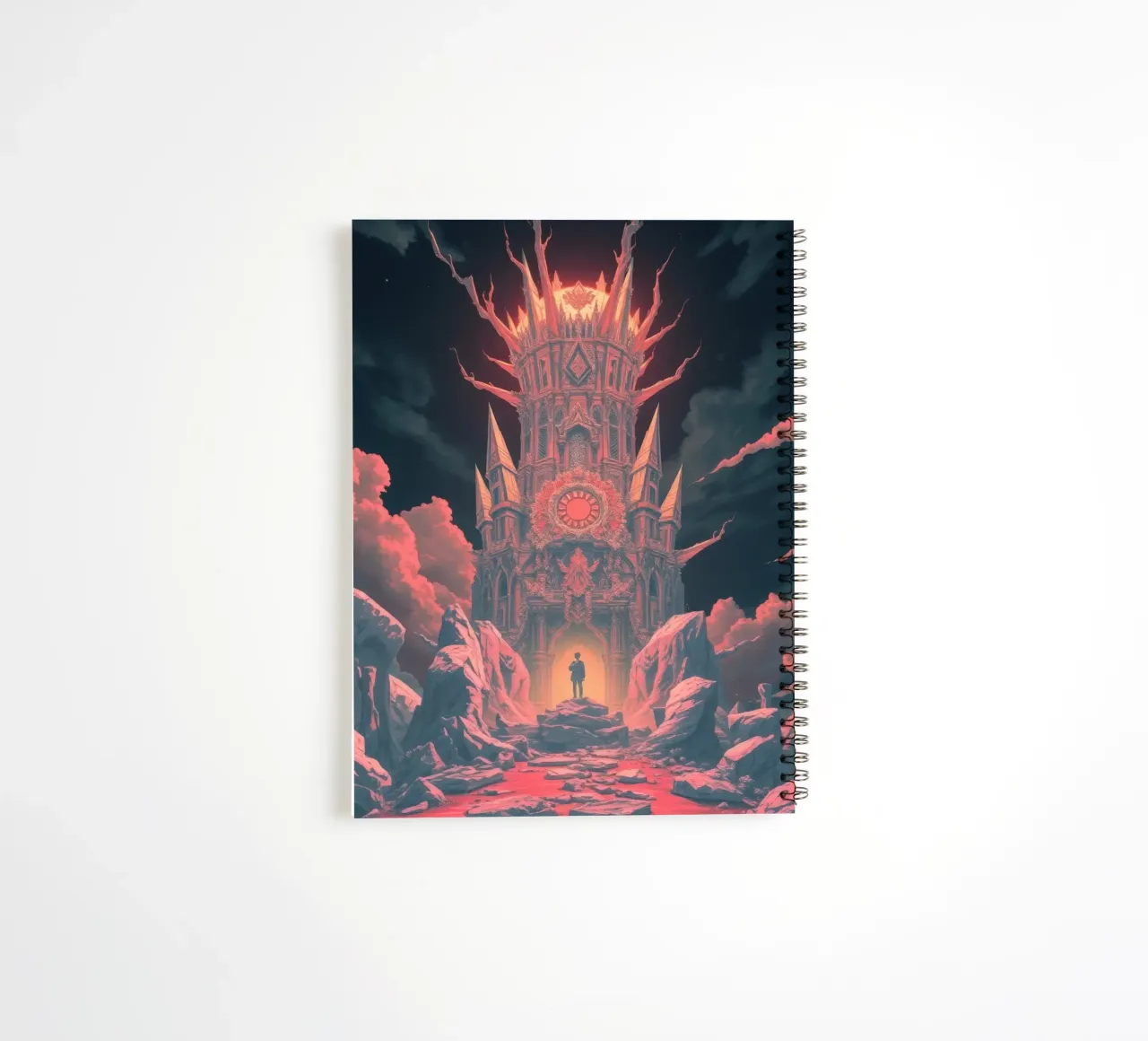 Stunning tower surrounded by fiery skies and jagged rocks spiral notebook by DesignDoodle