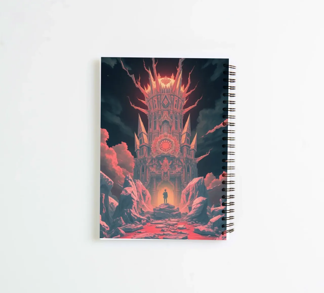 Stunning tower surrounded by fiery skies and jagged rocks spiral notebook by DesignDoodle