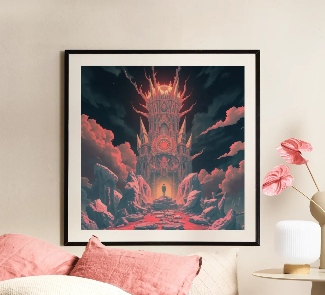 Stunning tower surrounded by fiery skies and jagged rocks hahnemühle by DesignDoodle