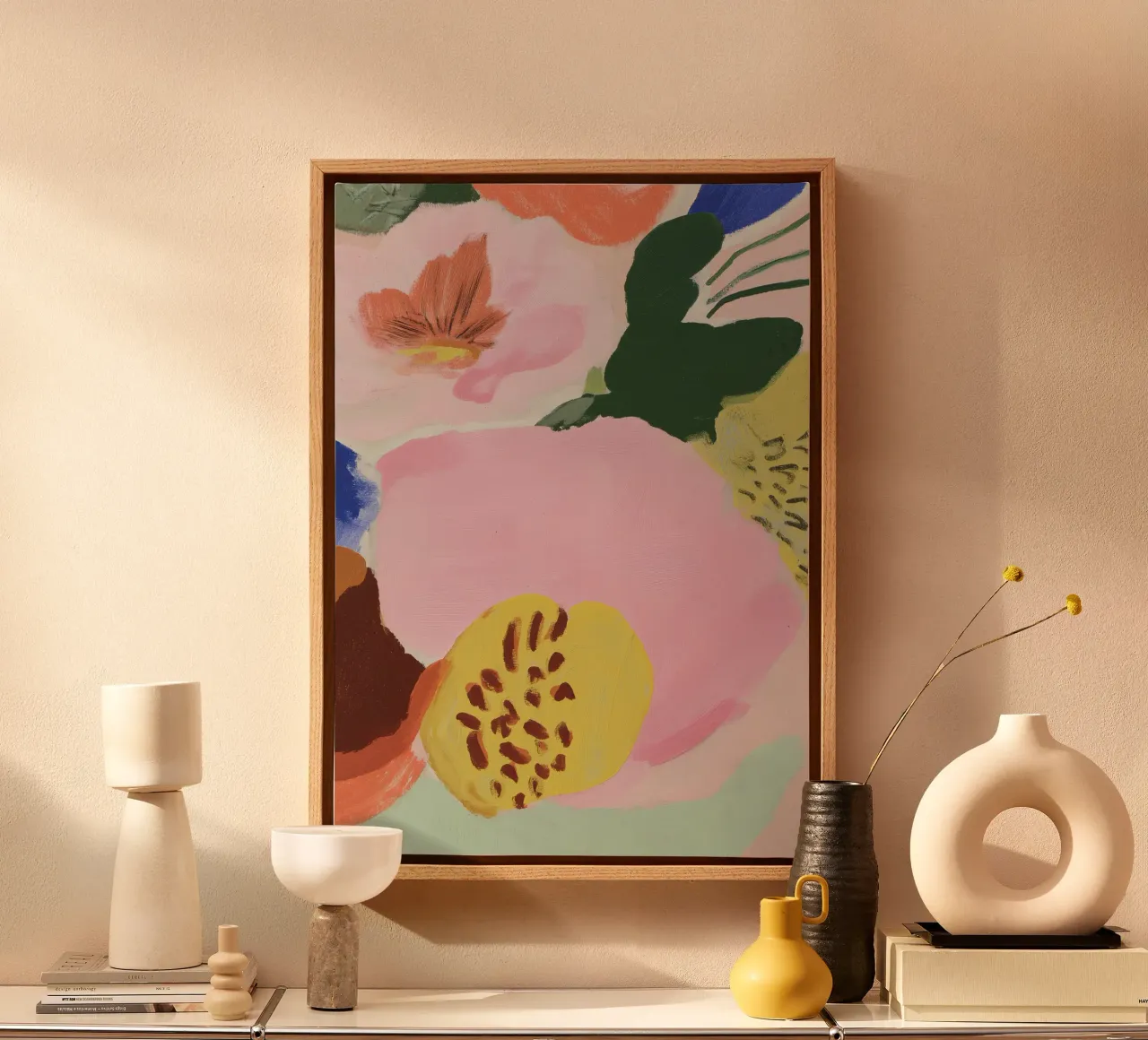 Abstracte bloemenprint, bloemsierkunst, moderne poster canvas met Baklijst van Boheme